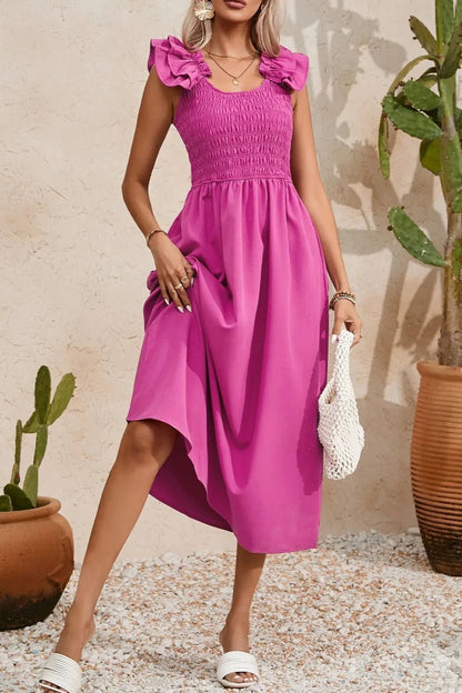 Solid Color Ruffled Straps Smocked Ruched Maxi Dress - adritiX