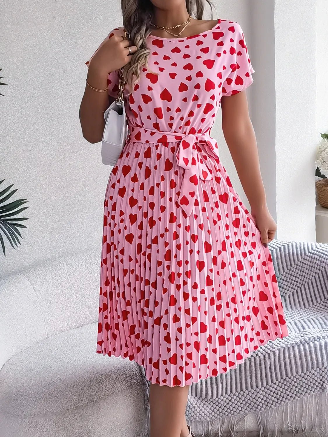 Heart Print Short Sleeve Tie Waist Dress - adritiX