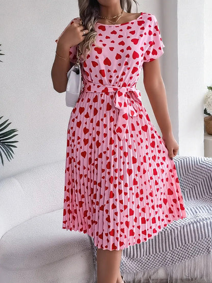 Heart Print Short Sleeve Tie Waist Dress - adritiX