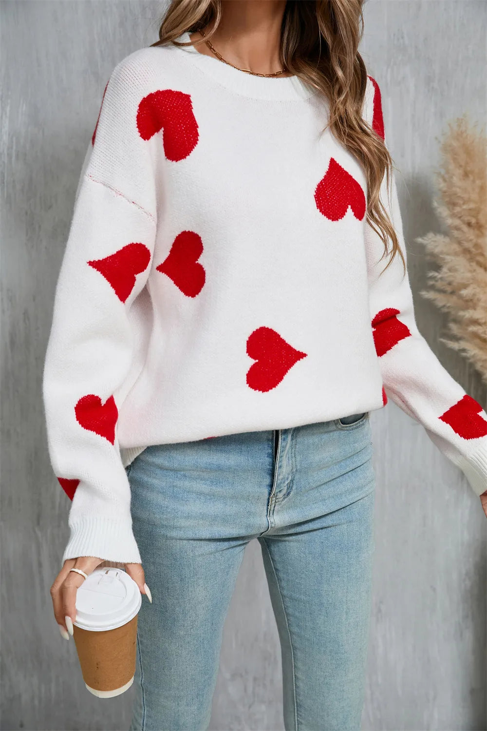 Angel Wings Heart Round Neck Dropped Shoulder Sweater - adritiX