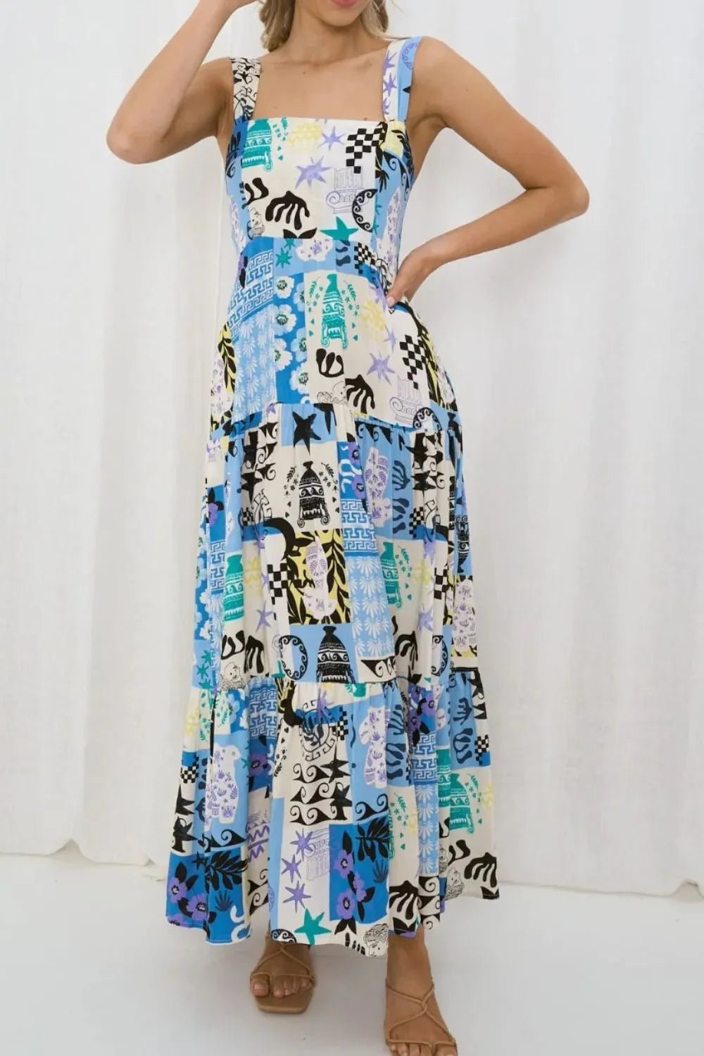 Printed Square Neck Wide Strap Maxi Dress - adritiX
