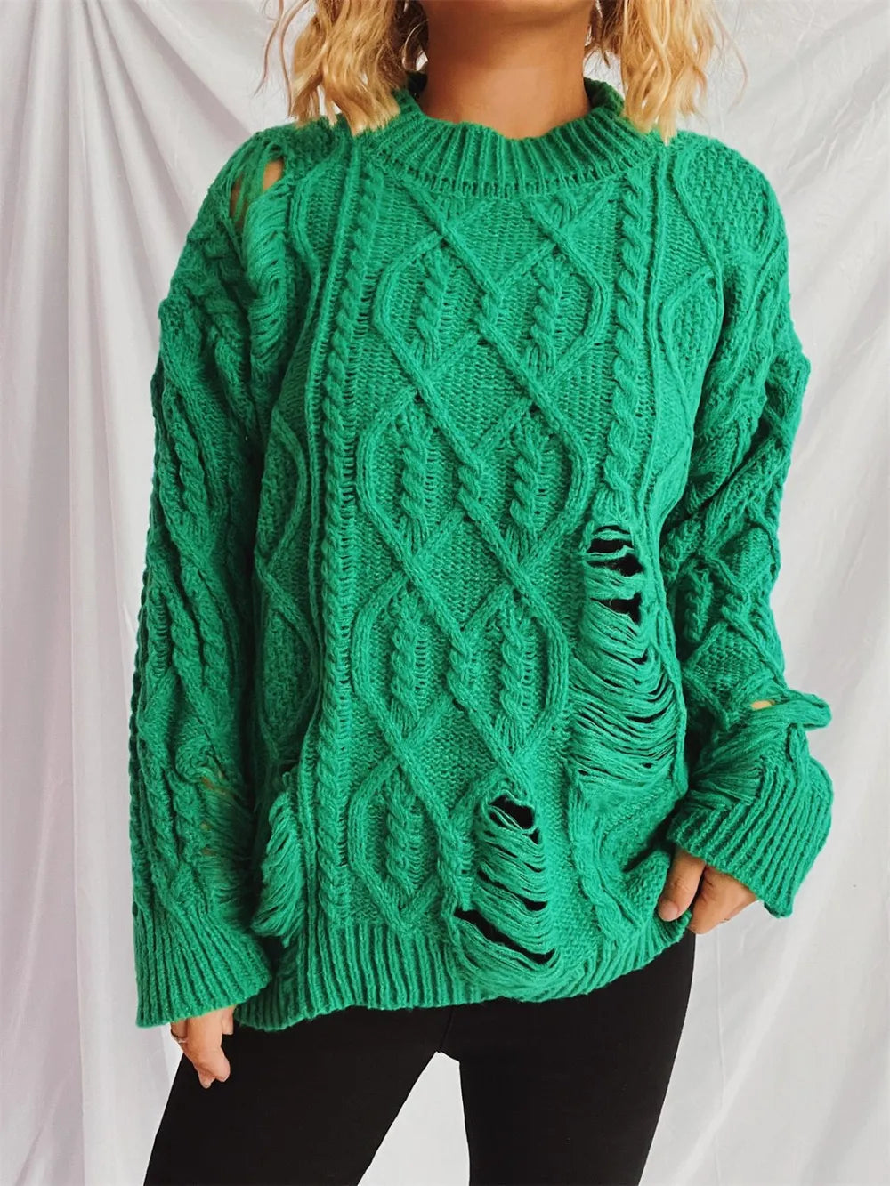 Distressed Cable-Knit Round Neck Long Sleeve Sweater - adritiX