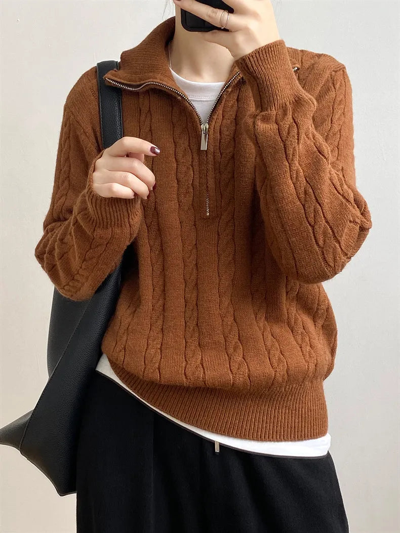 Cable-Knit Half Zip Long Sleeve Sweater - adritiX