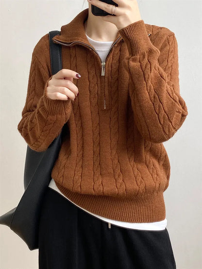 Cable-Knit Half Zip Long Sleeve Sweater - adritiX