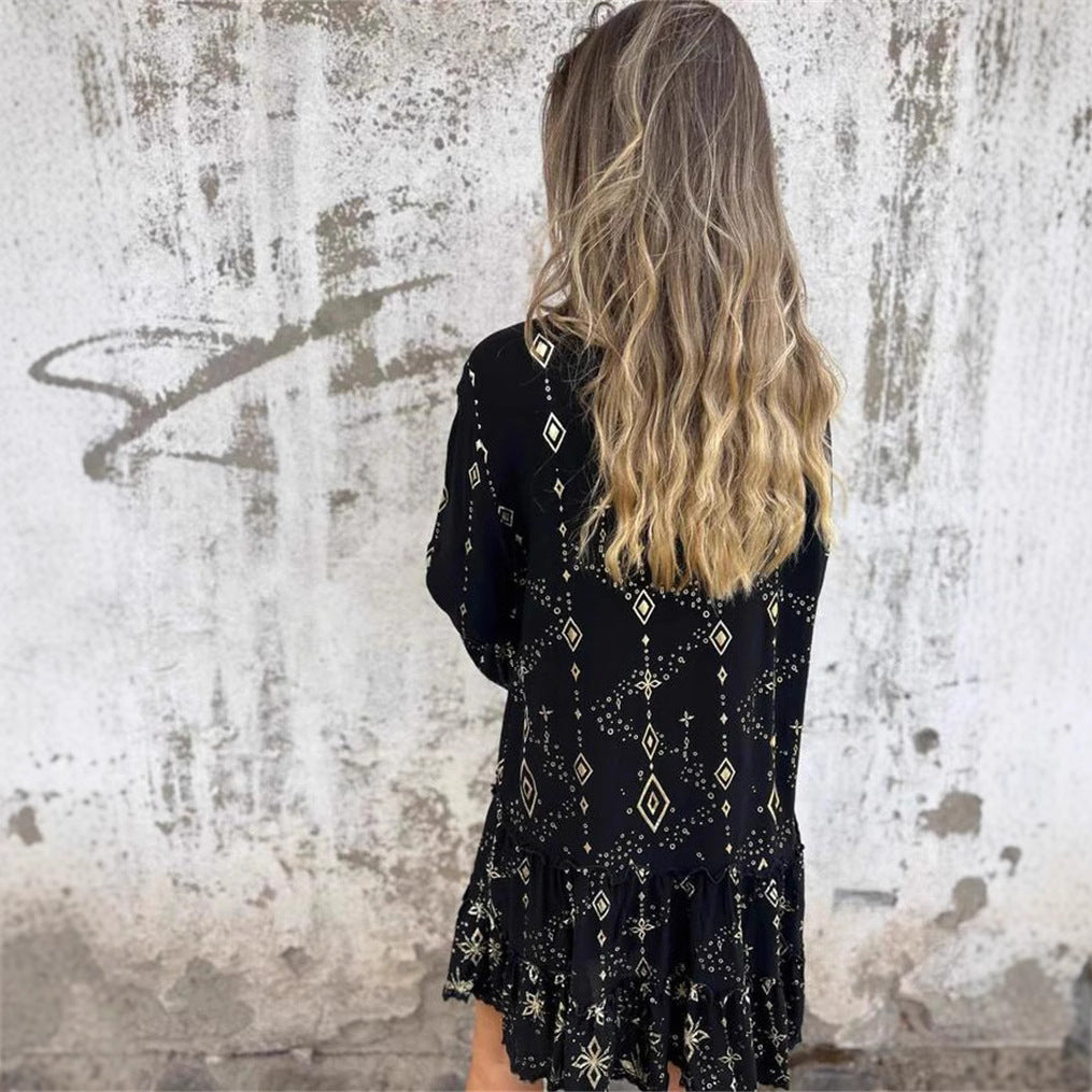 Elegant Bronzing Fashion Horn Lace Sleeve Hollow Dress - adritiX