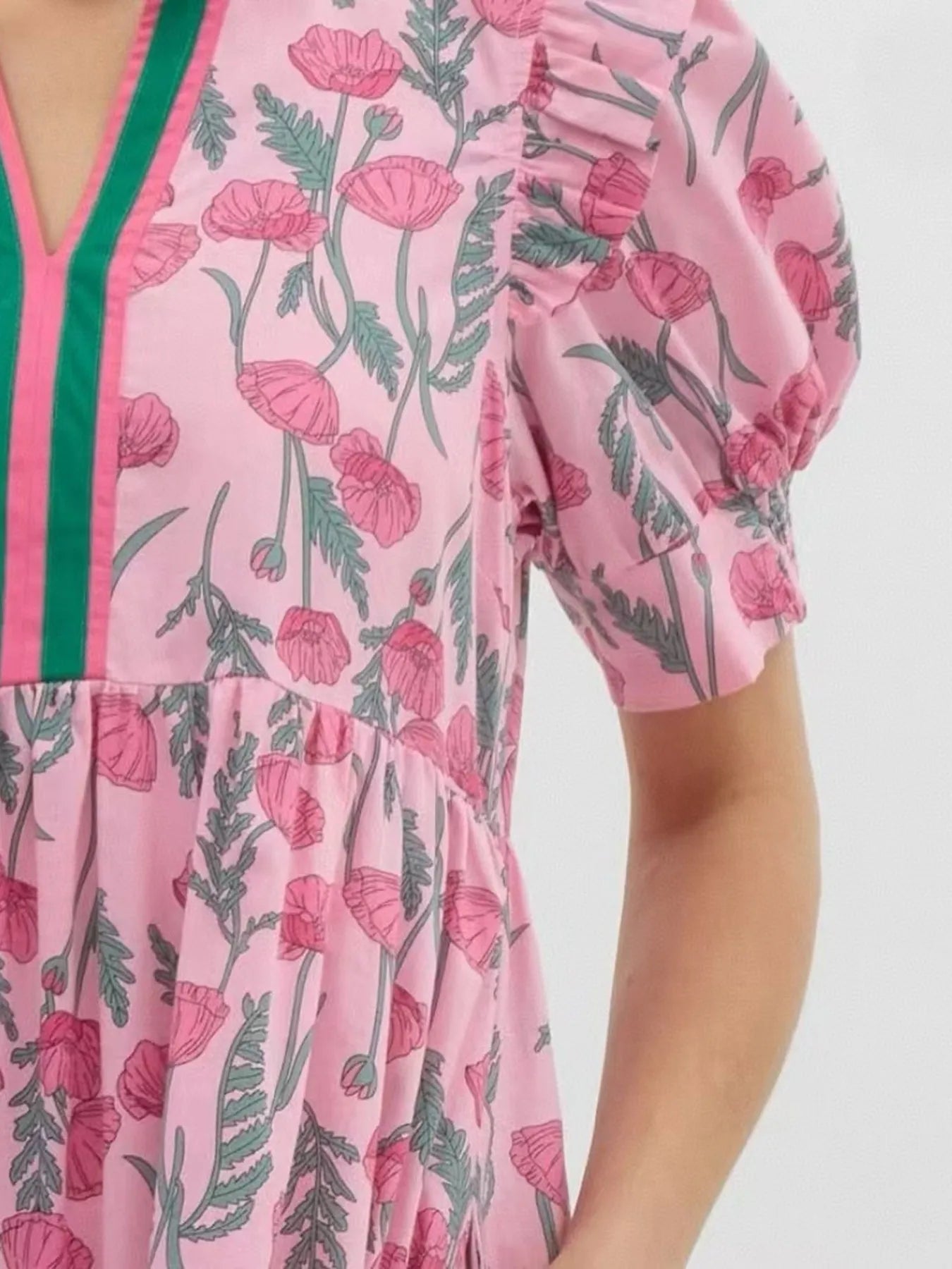 Elegant Floral Puff Sleeve Midi Dress with Contrast Trim - adritiX