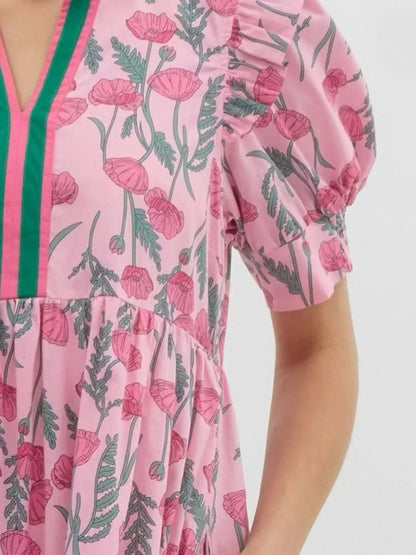 Elegant Floral Puff Sleeve Midi Dress with Contrast Trim - adritiX