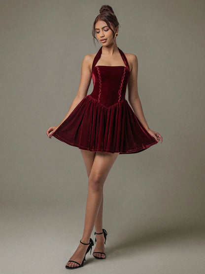Velvet Halter Skater Dress - adritiX