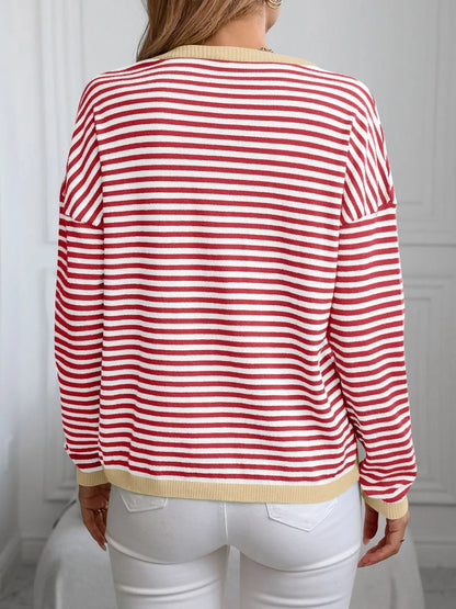 Contrast Trim Striped V-Neck Long Sleeve Knit Top - adritiX