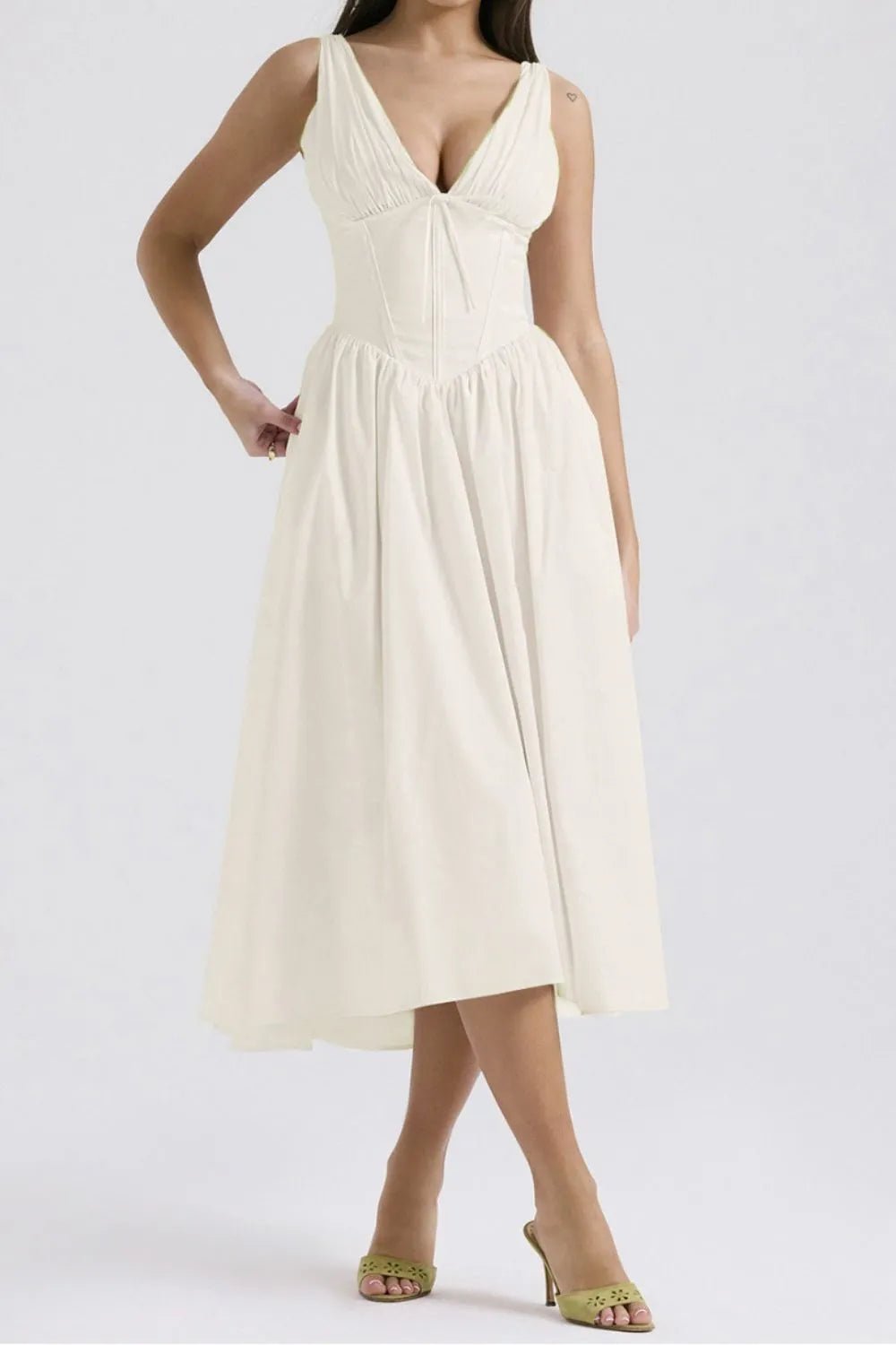 Chic & Sleek Ruched V-Neck Dress with Pockets – Effortless Style for Every Occasion - adritiX