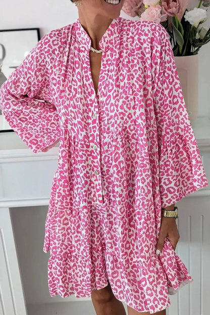Leopard Notched Long Sleeve Shirt Dress - adritiX