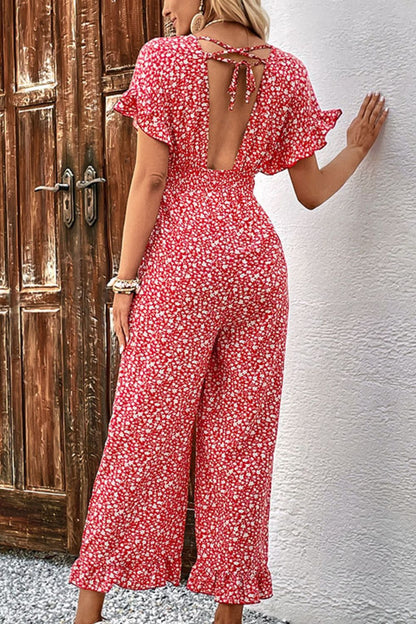 Elegant Perfee Printed Tie Back Ruffled Jumpsuit - adritiX