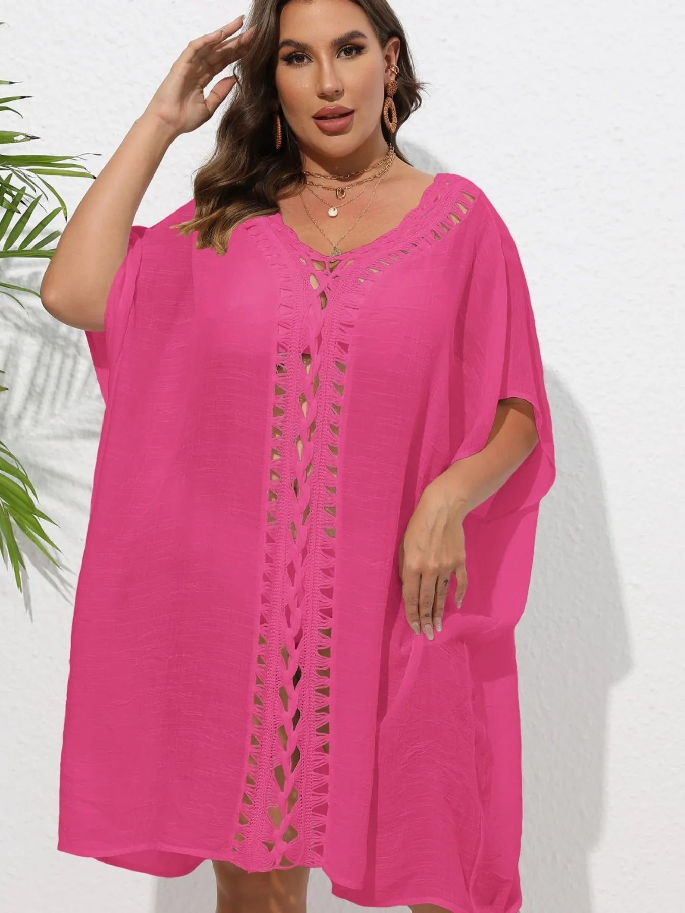 Crochet Trim V-Neck Beach Cover Up Dress - adritiX