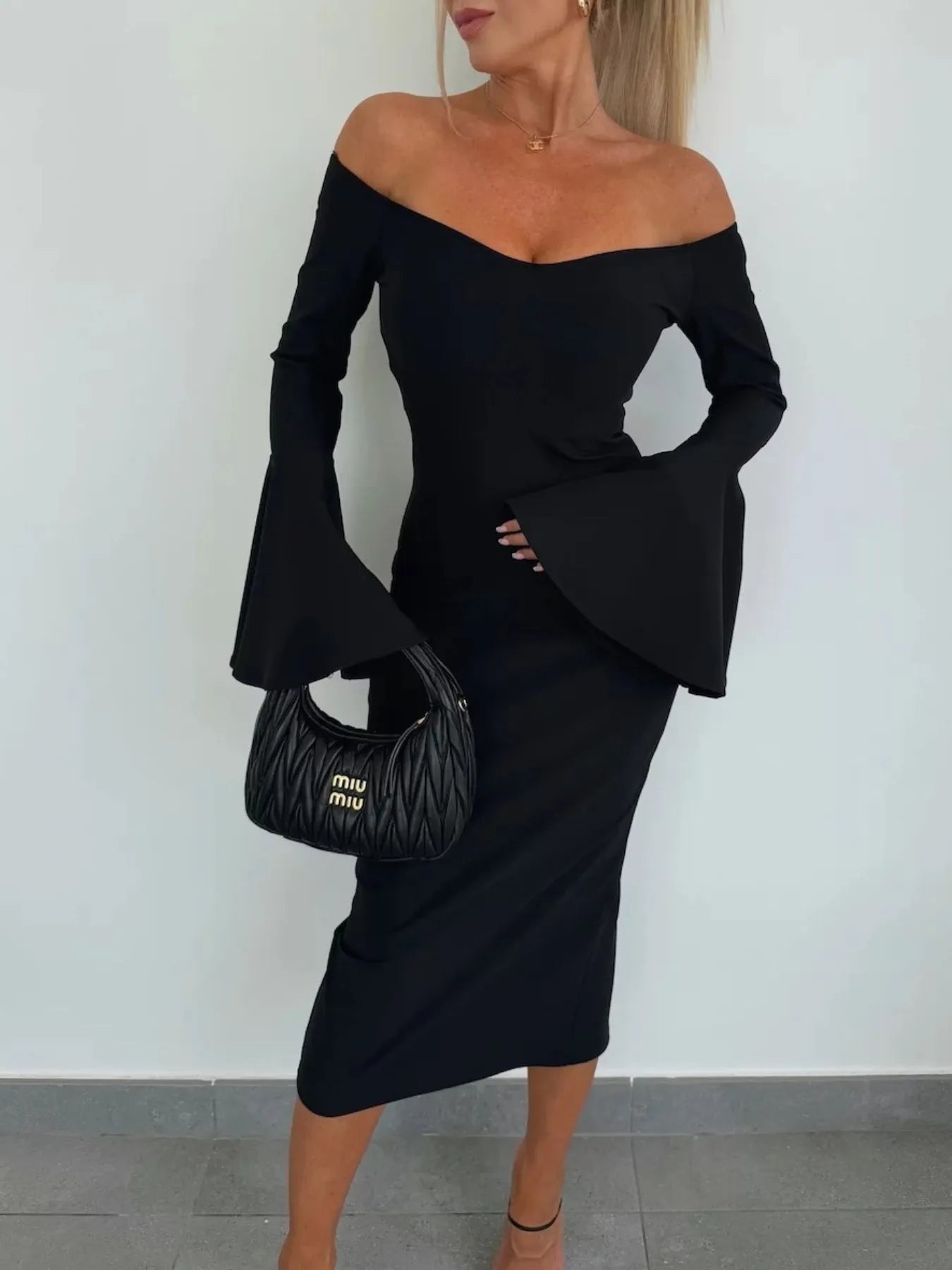 Off Shoulder Bell Sleeve Bodycon Midi Dress - adritiX