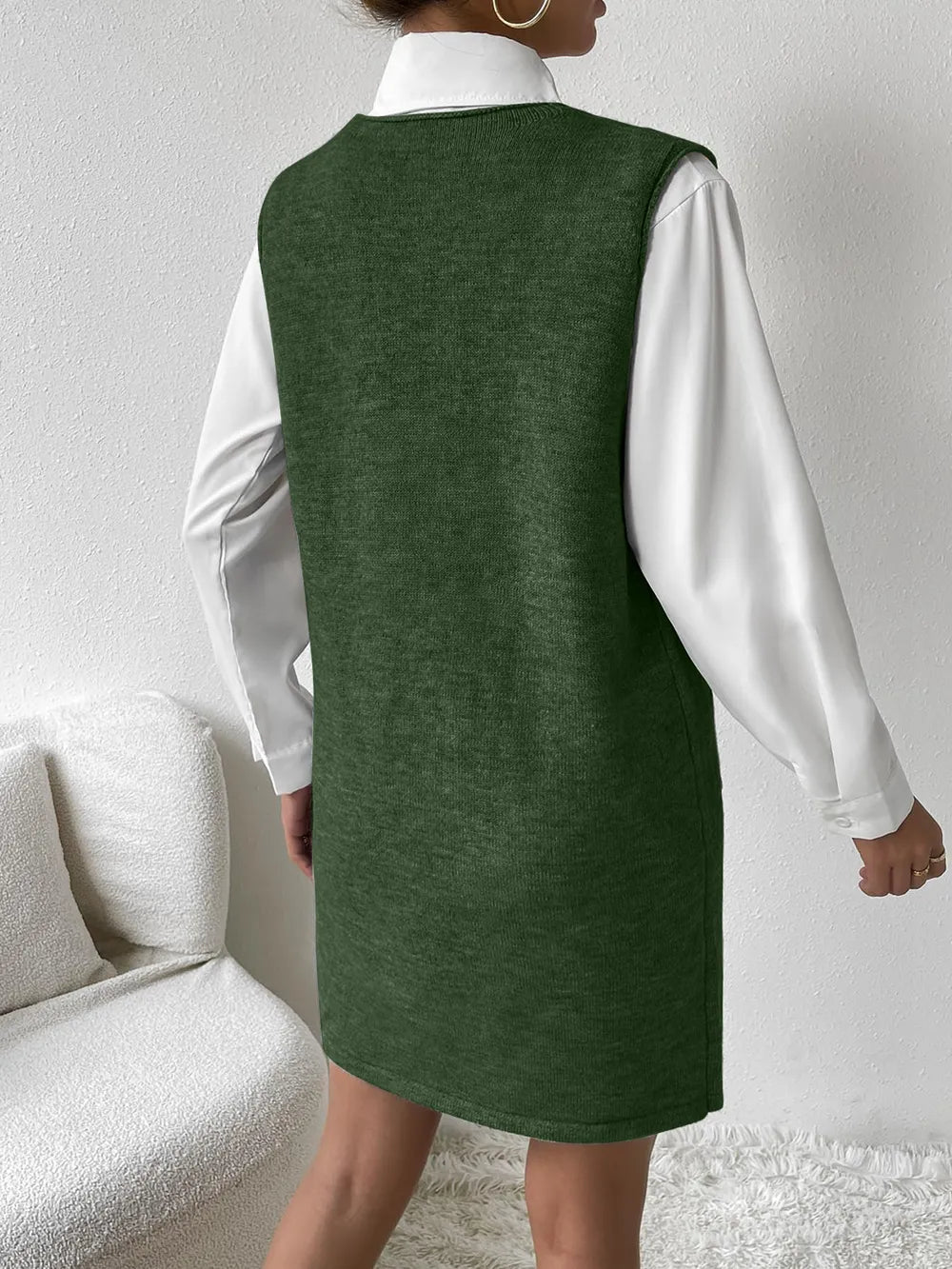 V-Neck Sleeveless Sweater Dress with Pockets - adritiX