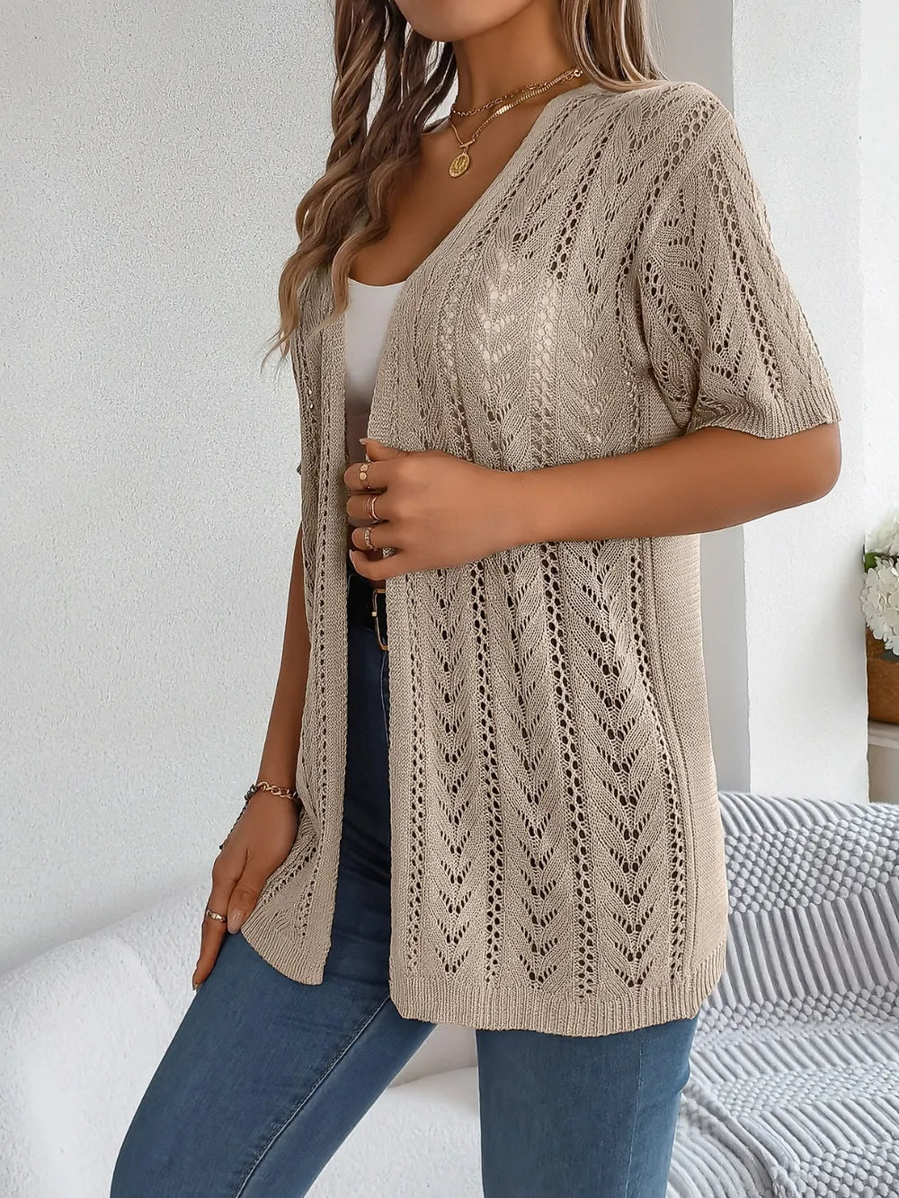 Openwork Open Front Half Sleeve Cardigan - adritiX