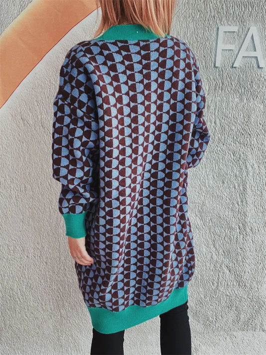 Contrast Trim Geometric Button Down Cardigan - adritiX