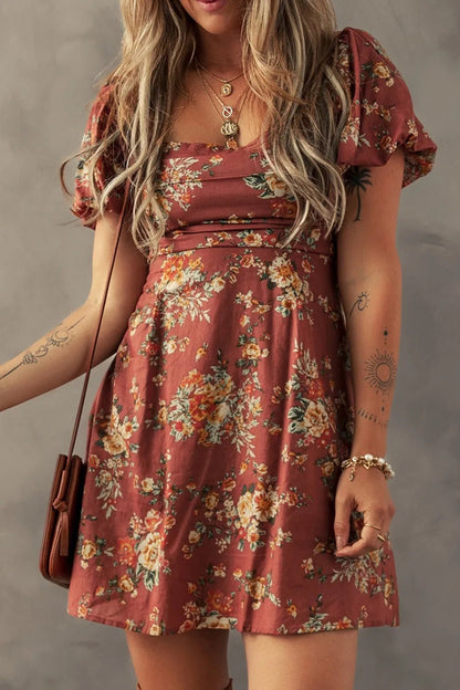 Floral Puff Sleeve Square Neck Knot Open Back Mini Dress - adritiX