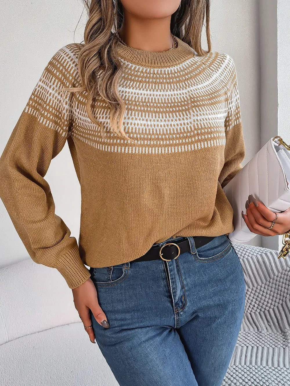 Contrast Round Neck Long Sleeve Sweater - adritiX