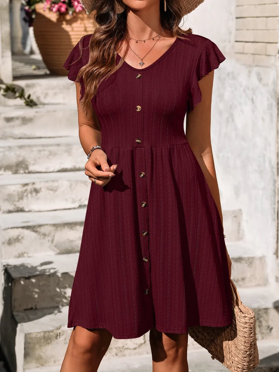 V-Neck Ruffled Cap Sleeve Dress - adritiX