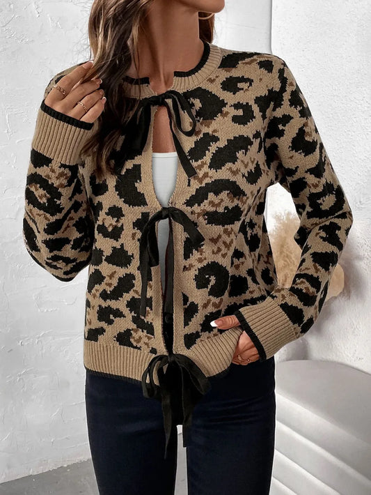 Perfee Tied Leopard Long Sleeve Cardigan - adritiX