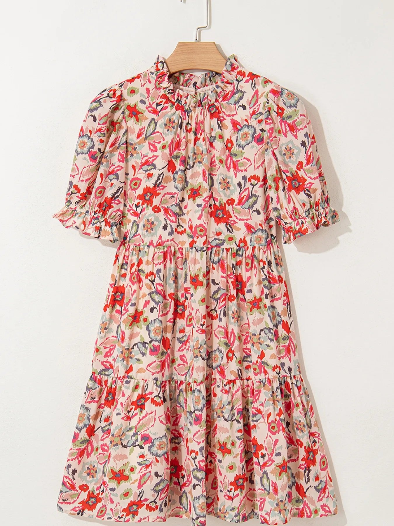 Floral Print Frilled Neck Puff Sleeve High Waist Dress - adritiX