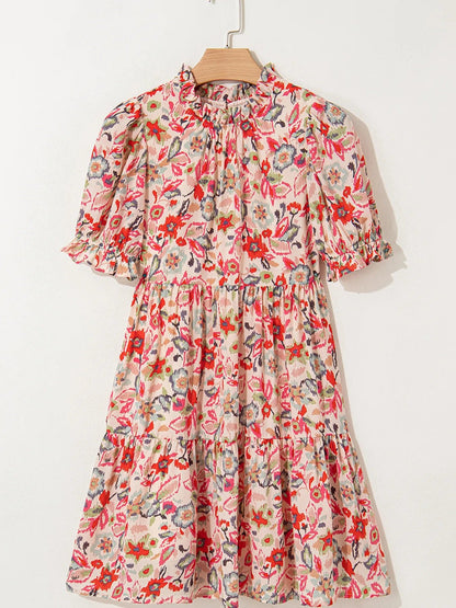 Floral Print Frilled Neck Puff Sleeve High Waist Dress - adritiX