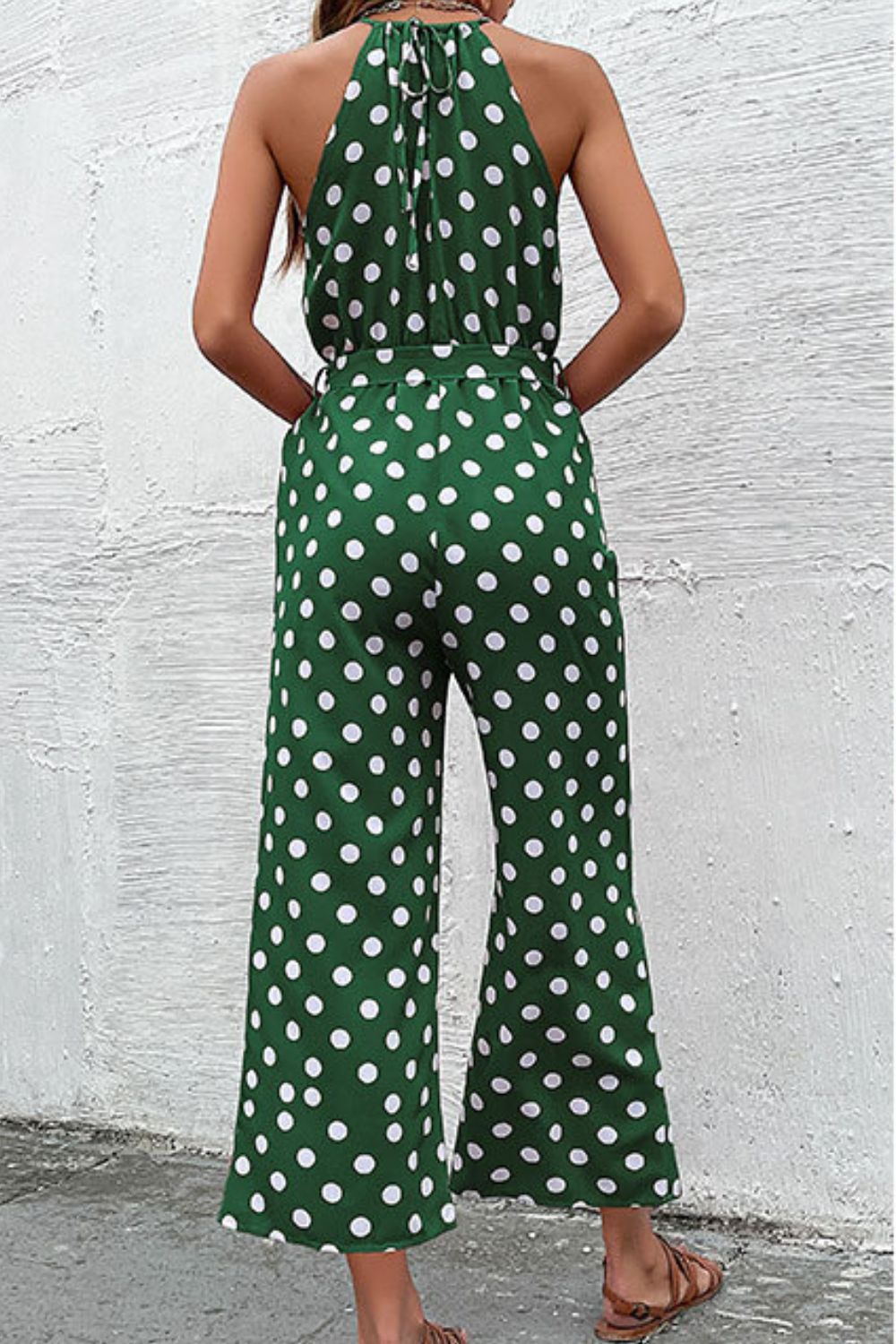 Elegant Perfee Polka Dot Grecian Wide Leg Jumpsuit - adritiX