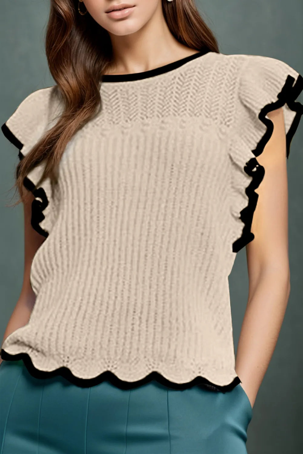 Ruffled Round Neck Cap Sleeve Knit Top - adritiX