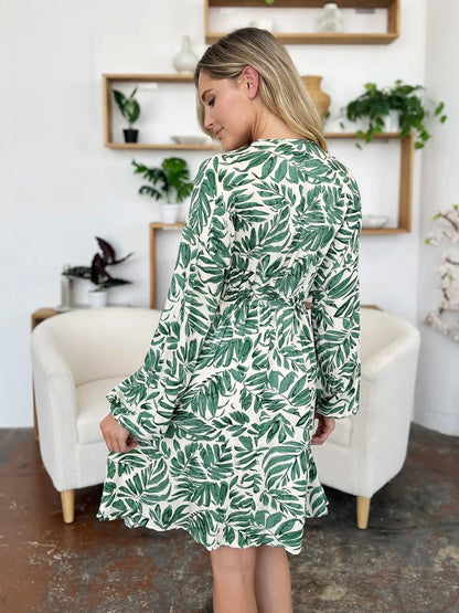Double Take Full Size Printed Ruched Balloon Sleeve Dress - adritiX