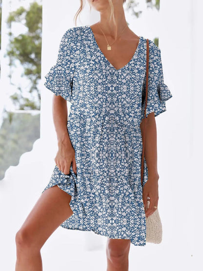 Polka Dot V-Neck Short Sleeve Mini Dress - adritiX