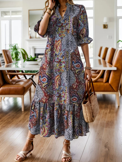 Full Size Bohemian Paisley Print Ruffle Hem Midi Dress Plus Size - adritiX