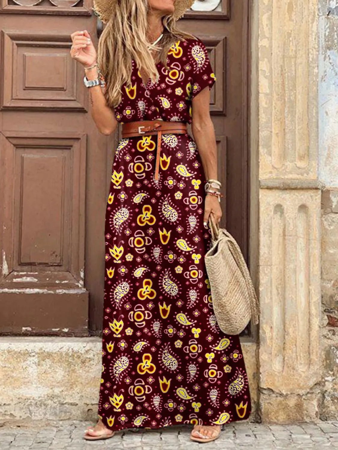 Full Size Printed V-Neck Short Sleeve Maxi Dress Plus Size - adritiX