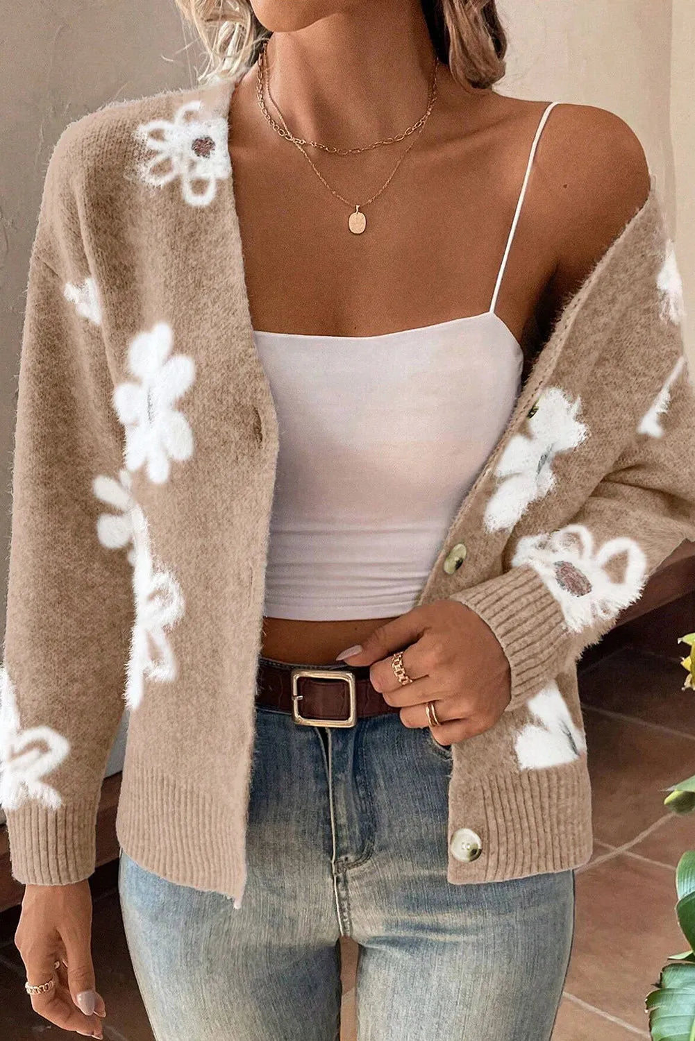 Flower Button Up Long Sleeve Cardigan - adritiX