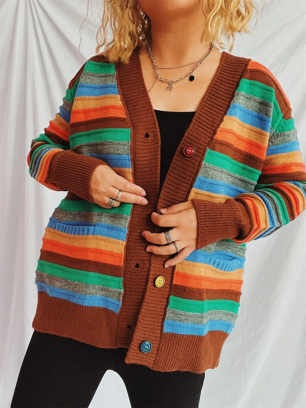 Contrast Stripes Button Up Long Sleeve Cardigan - adritiX