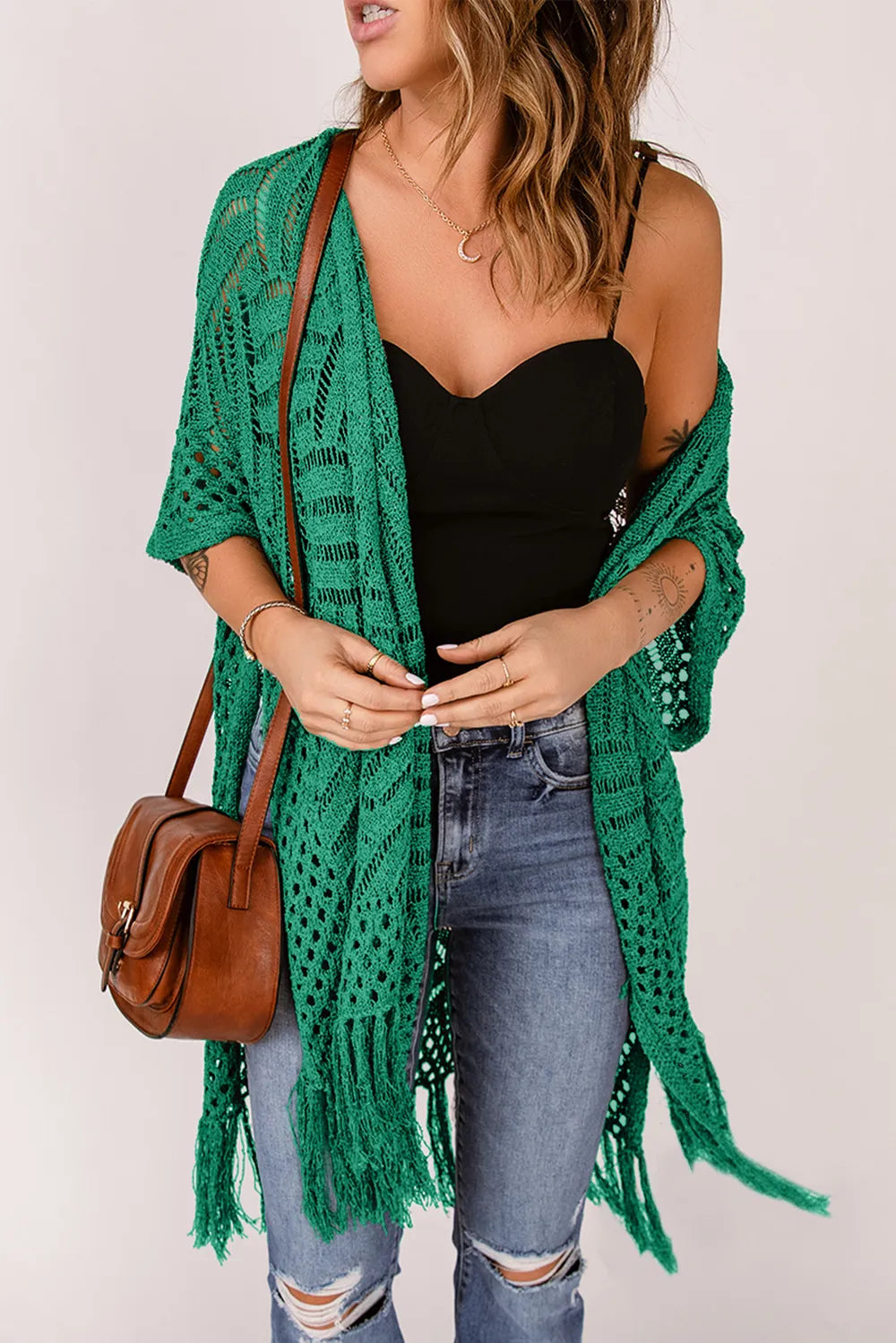 Openwork Open Front Cardigan with Fringes - adritiX