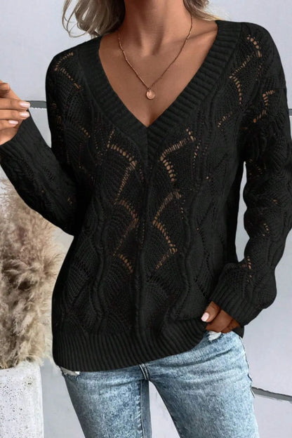 Openwork V-Neck Long Sleeve Sweater - adritiX