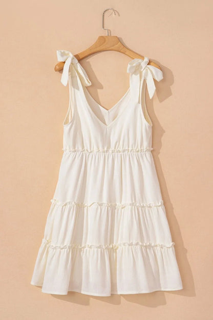 Solid Color Tied Straps Ruffle Tiered Mini Dress - adritiX