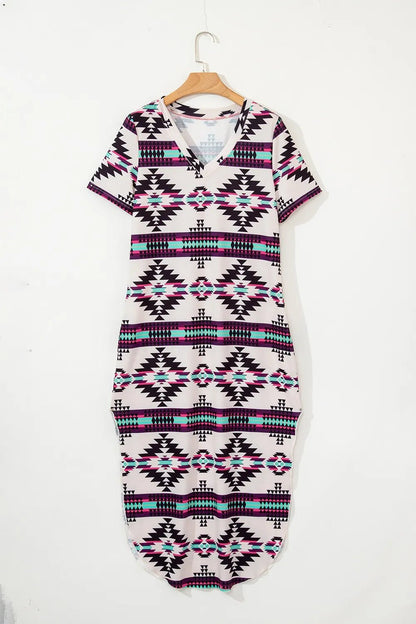 Aztec Print V-Neck Midi Dress - adritiX