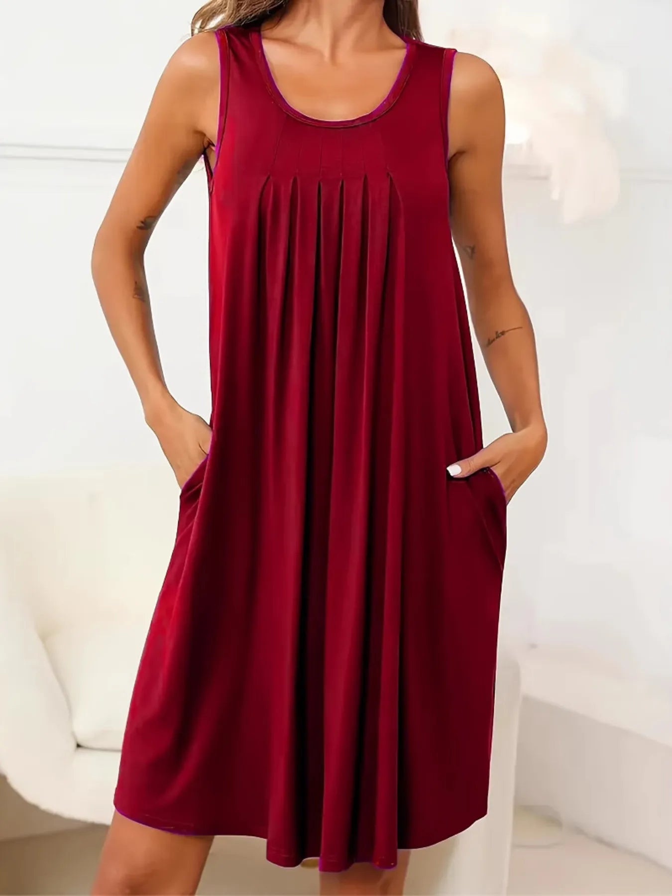Flowy Pleated Tank Dress with Pockets - adritiX