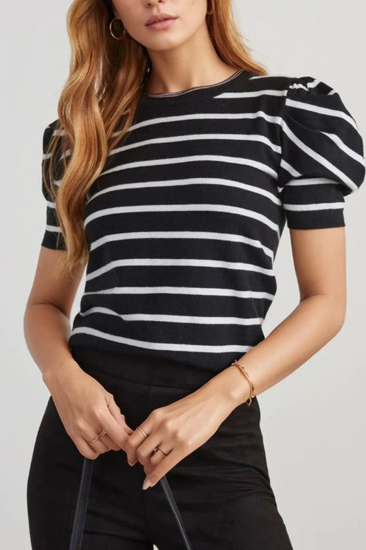 Stripe Ribbed Trim Round Neck Bubble Sleeve Knitted Top - adritiX