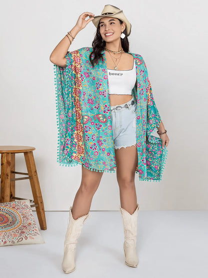 Plus Size Printed Open Front Cover-Up - adritiX