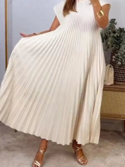 Elegant Full Size Pleated Round Neck Maxi Dress Plus Size - adritiX