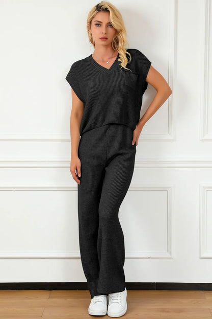 Pocketed V-Neck Top and Wide Leg Sweater Set - adritiX