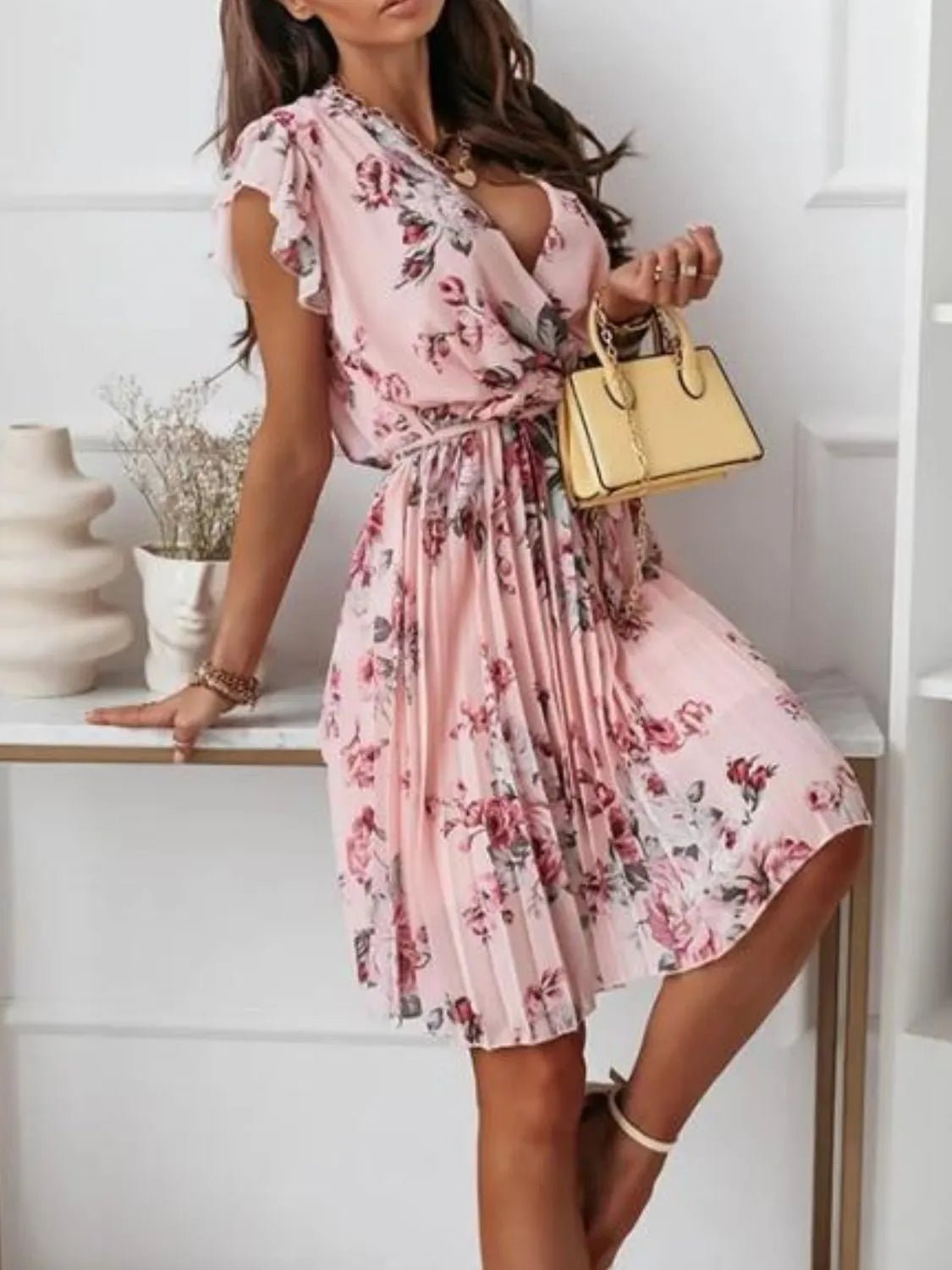 Floral Surplice Ruffled Cap Sleeve Dress - adritiX