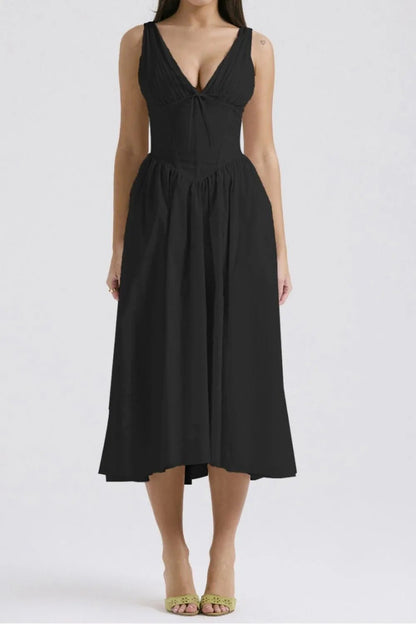 Chic & Sleek Ruched V-Neck Dress with Pockets – Effortless Style for Every Occasion - adritiX