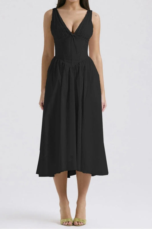 Chic & Sleek Ruched V-Neck Dress with Pockets – Effortless Style for Every Occasion - adritiX