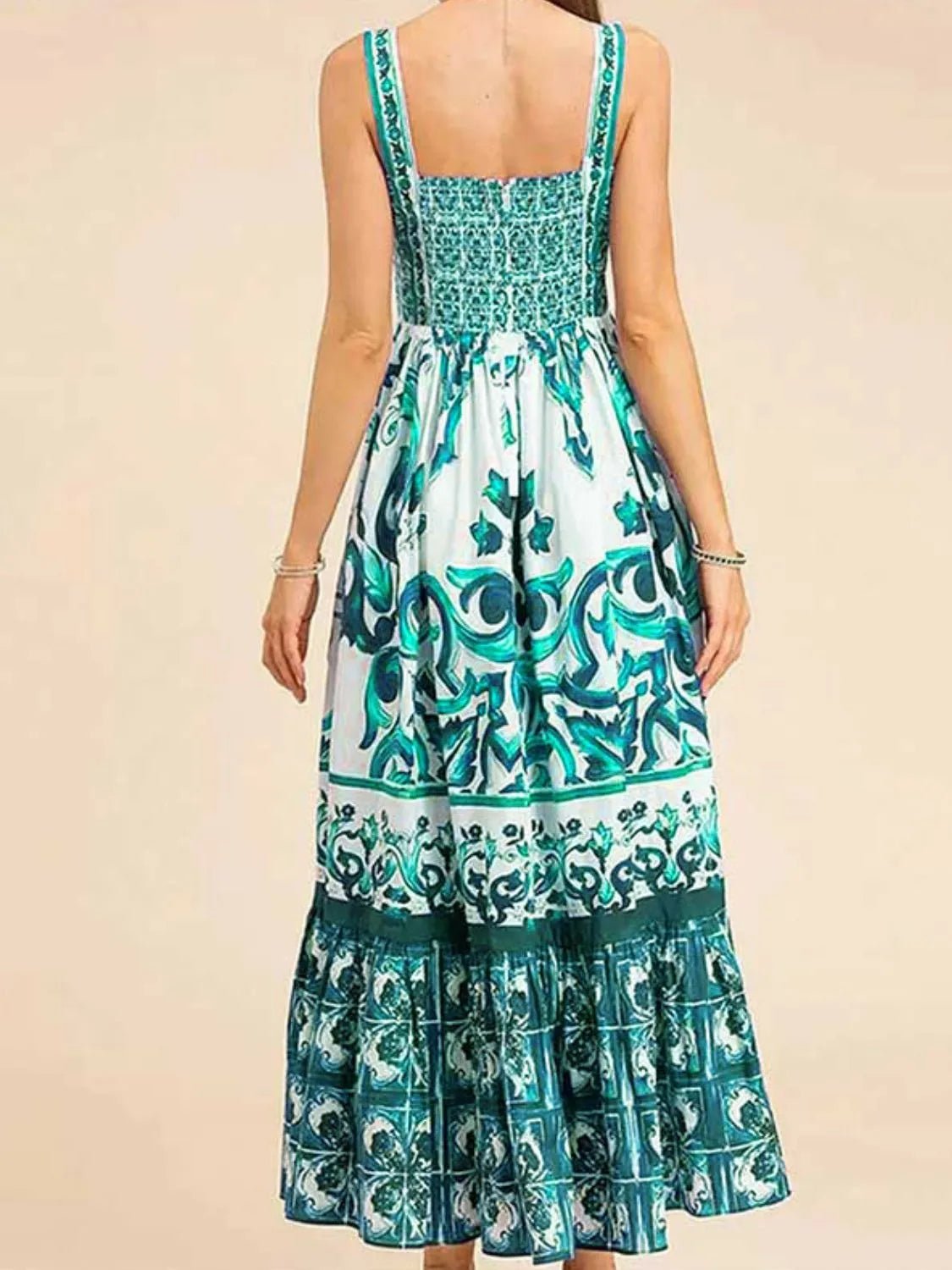 Smocked Printed Wide Strap Dress - adritiX