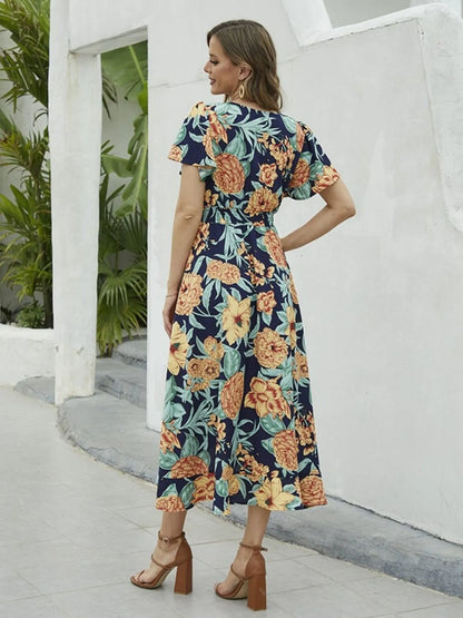 Floral Print Short Sleeve Wrap Midi Dress - adritiX