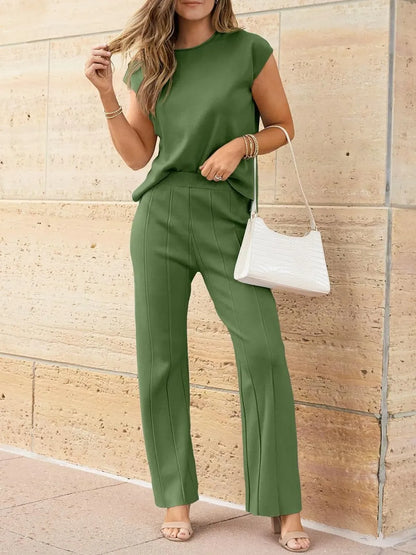 Round Neck Cap Sleeve Top and Pants Knit Set - adritiX